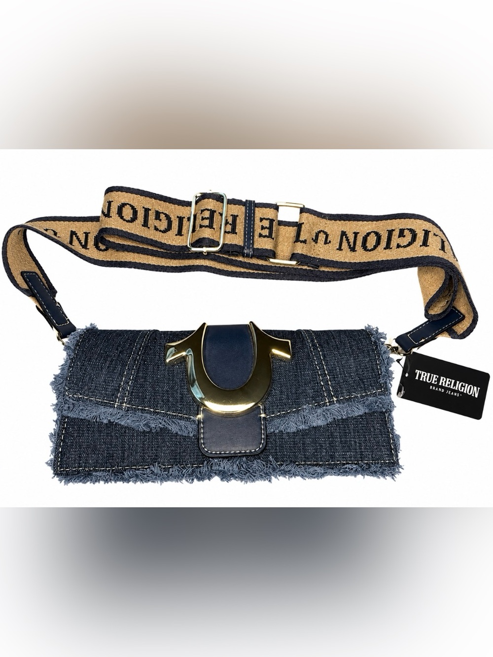 True Religion Navy Denim Crossbody with Gold Hardware and Tan Branded Strap